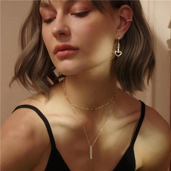 MEVECCO Layered Heart Necklace Pendant Handmade 18k Gold Plated Dainty Gold - Picture 3 of 5